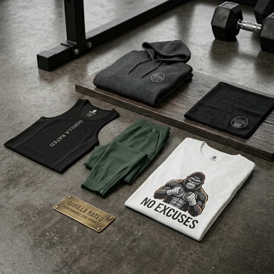 Gym attire and equipment including a t-shirt with 'No Excuses' on a concrete floor.